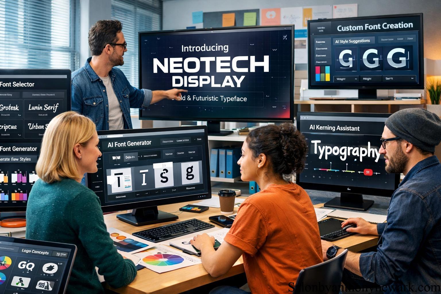 Designers exploring Fontlu fonts on multiple digital screens in a modern creative studio