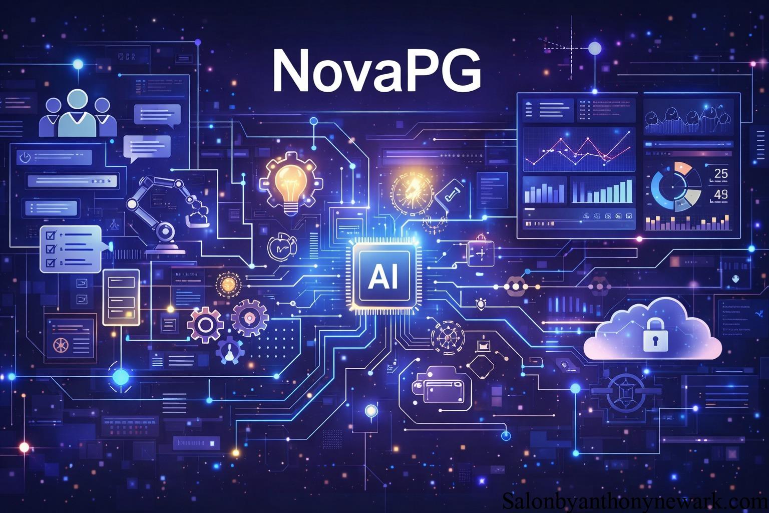 NovaPG digital platform dashboard showcasing AI automation, collaboration tools, and data analytics for modern workflows