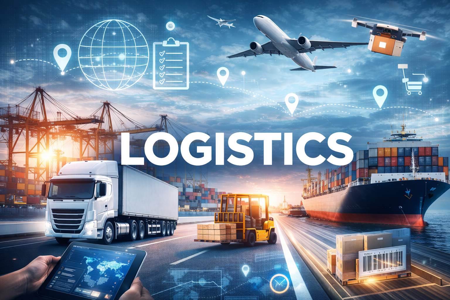 Illustration of global logistics showing truck, cargo ship, airplane, warehouse forklift, and digital supply chain network.