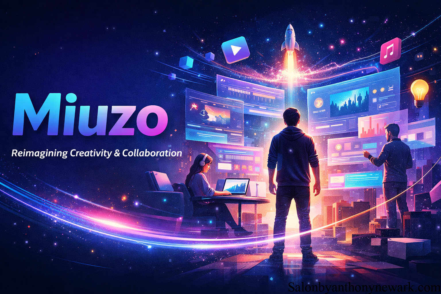 A futuristic digital workspace representing Miuzo, showing people collaborating with multimedia content, analytics dashboards, and interactive tools in a vibrant creative environment.