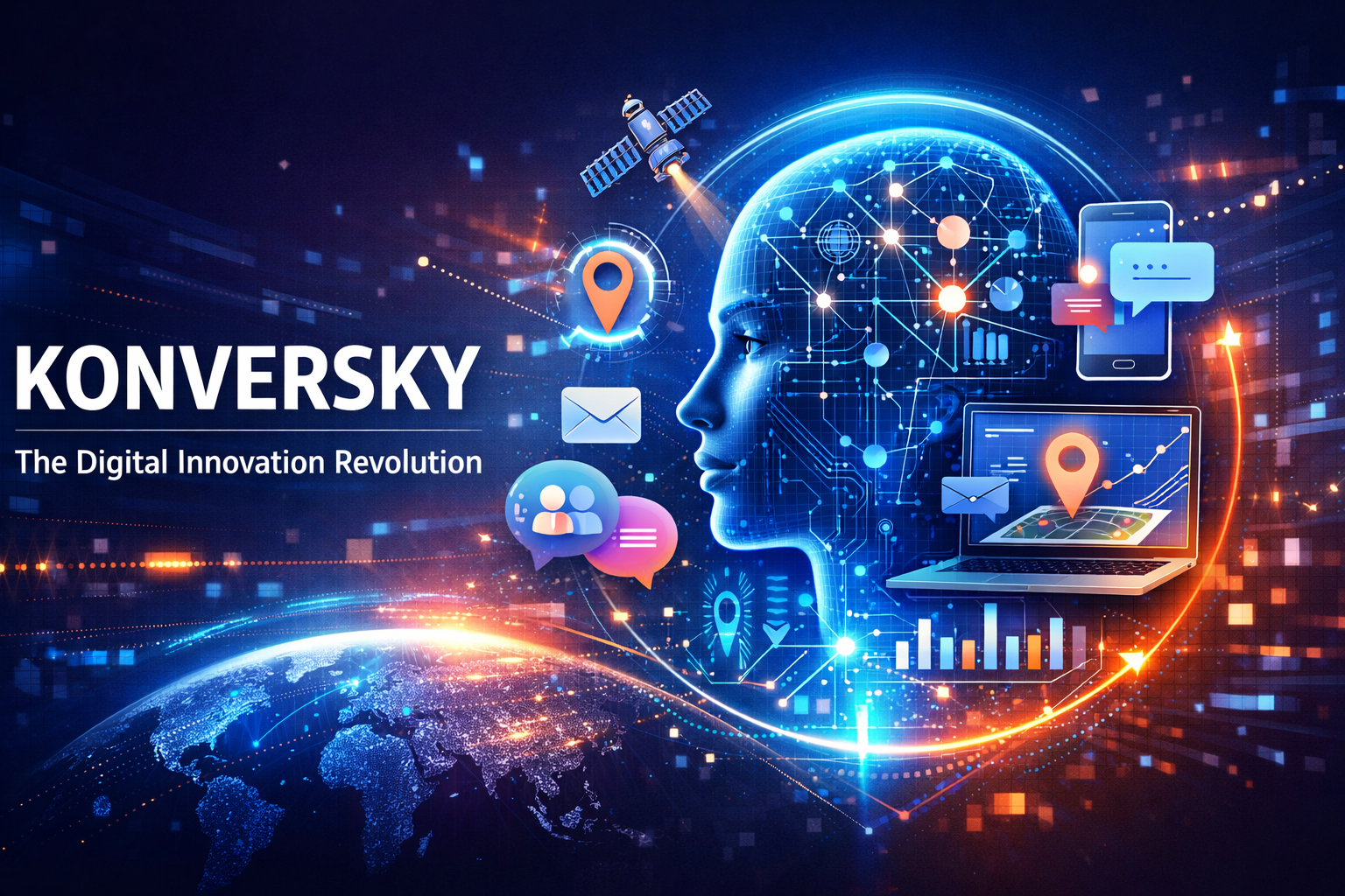 Futuristic digital illustration showing AI-driven communication, multi-channel networking, and analytics representing Konversky’s innovative platform