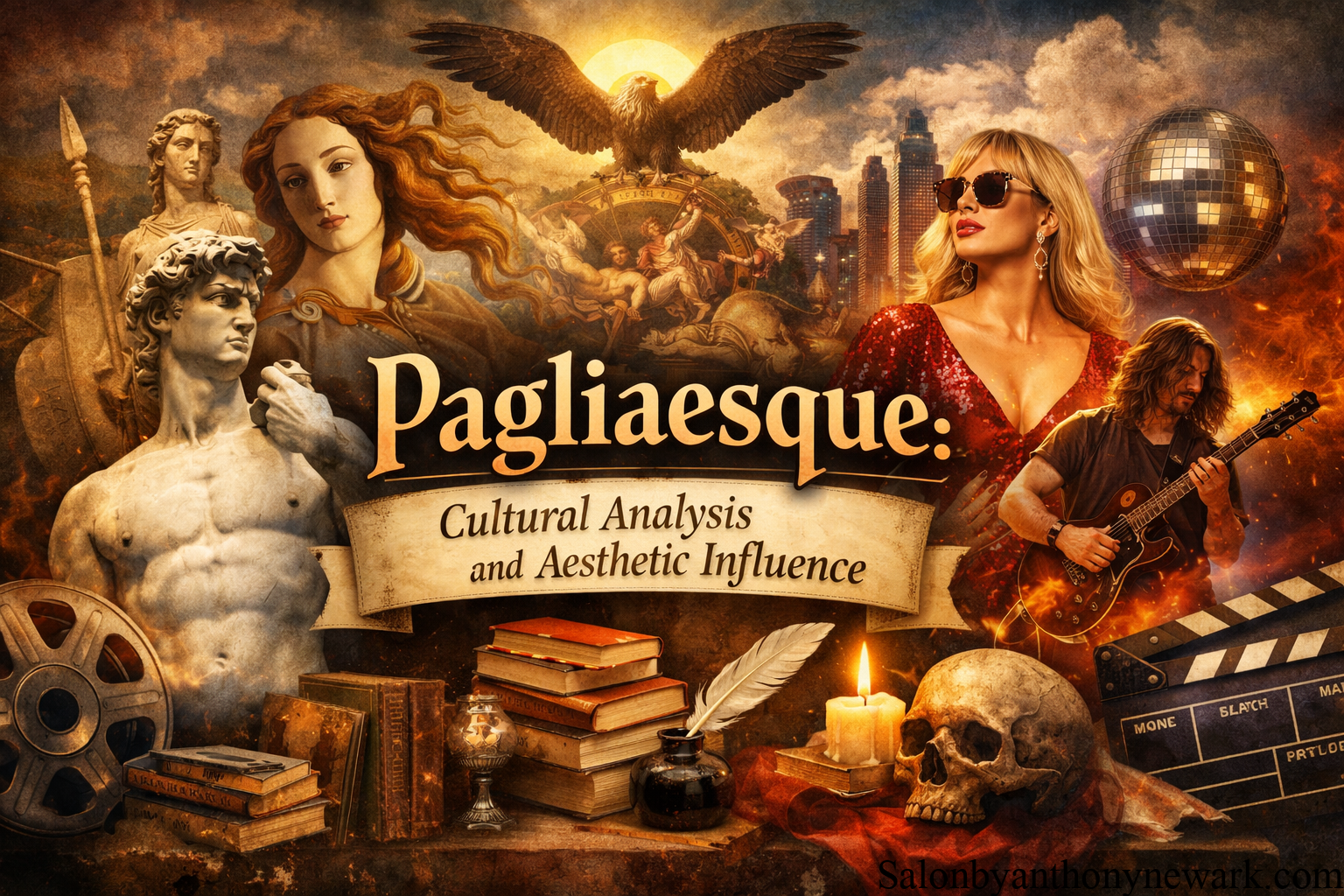 Illustration representing the Pagliaesque style, blending classical art, Renaissance imagery, and modern pop culture elements.