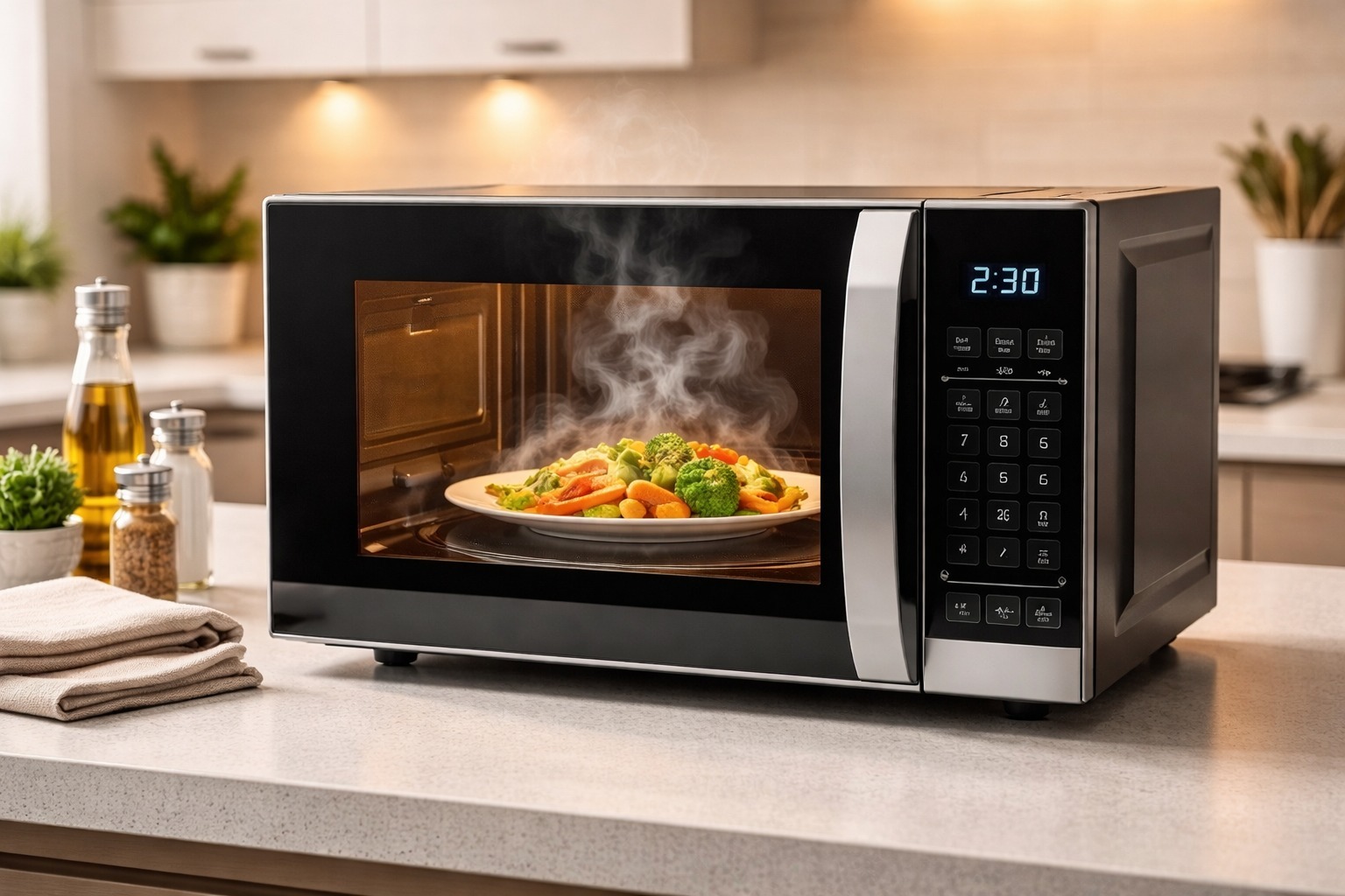 Sleek microwave oven cooking food in a modern kitchen with digital controls and steam rising from the dish