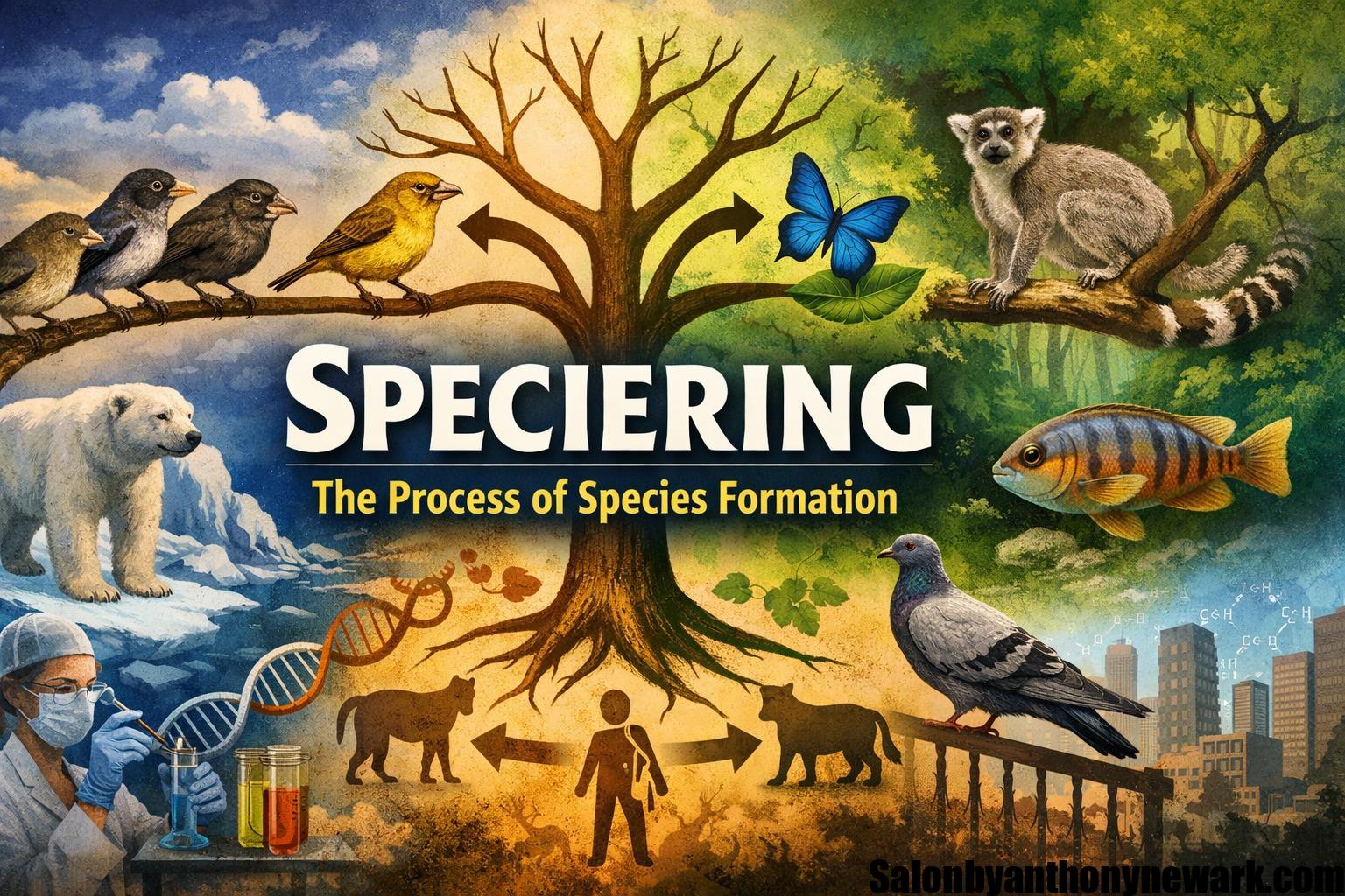 Illustration showing speciering with a tree representing divergence, featuring birds, polar bears, lemurs, fish, DNA strands, and urban and natural ecosystems.